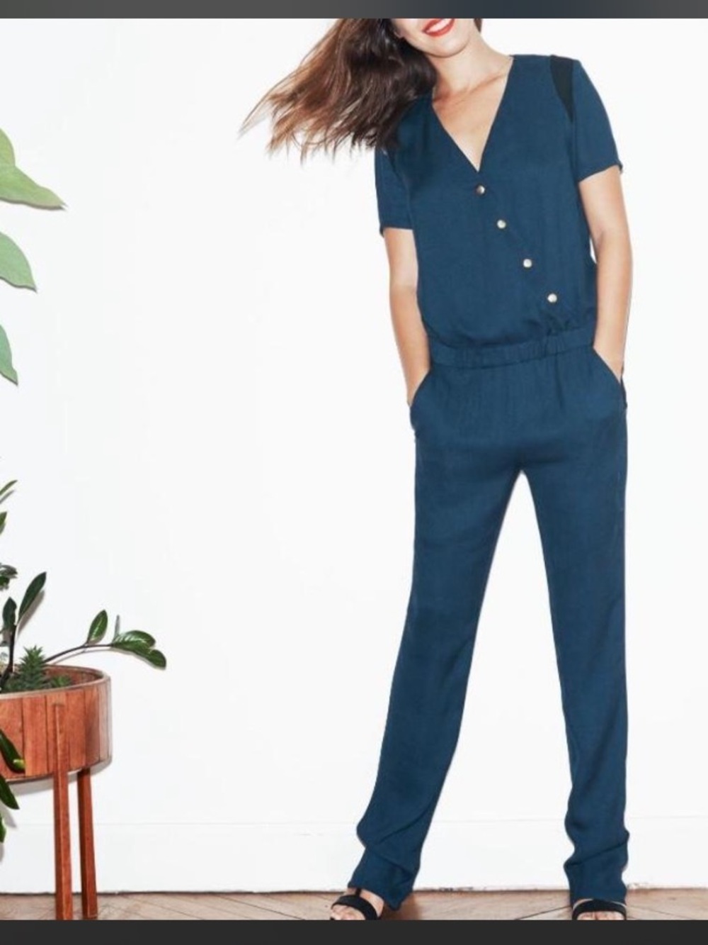 Sezane x La Redoute / Navy Blue Short-Sleeve Jumpsuit with Gold Buttons
